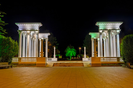 The evening view of the Greek-style colonnade in Batumi, Georgia.