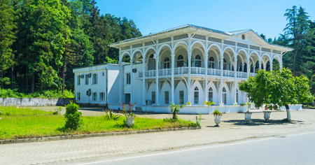 The white wooden mansion with carved decorations of terrace, Batumi, Georgia.のeditorial素材