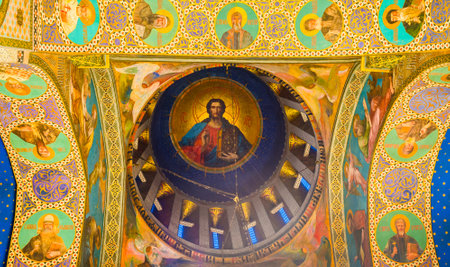 TBILISI, GEORGIA - MAY 28, 2016: The sentral  cupola of Sioni Cathedral of Dormition with the fresco of Jesus Christ, surrounded by the Saints in medallions, on May 28 in Tbilisi.のeditorial素材