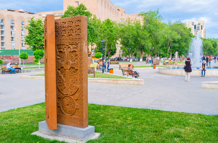 YEREVAN, ARMENIA - MAY 29, 2016: The book-khachkar on the open air exhibition, named The Cultural Genocide: symbol of Khachkars, on May 29 in Yerevan.のeditorial素材
