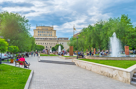 YEREVAN, ARMENIA - MAY 29, 2016: The park is occupied with exhibition, named The Cultural Genocide: symbol of Khachkars, on May 29 in Yerevan.のeditorial素材