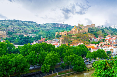 The Sololaki Hill is topped with the medieval Narikala Fortress, Tbilisi, Georgia.のeditorial素材