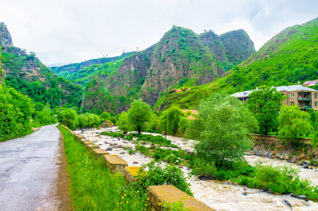 The Deped River surrounded by mountains and forests, Dzoraget, Lori Province, Armenia.のeditorial素材