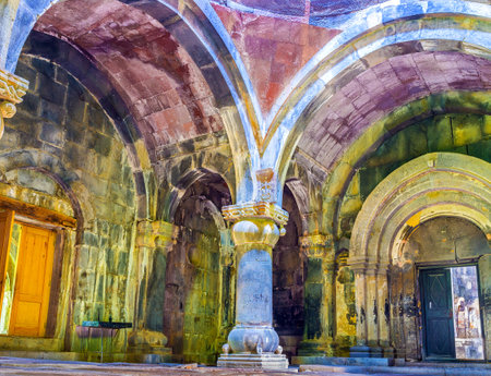 SANAHIN, ARMENIA - MAY 30, 2016: The stone Sanahin Monastery with the carved columns and arches, on May 30 in Sanahin.のeditorial素材