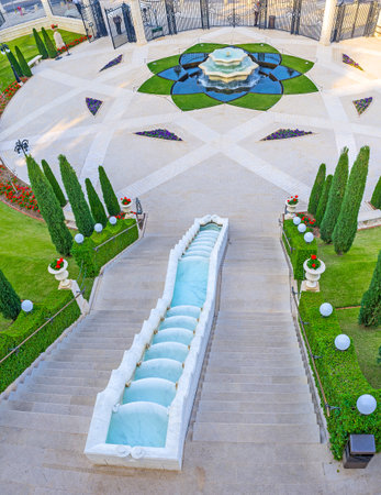The Bahai Garden includes many  staircases and terraces, because it occupies the Carmel Mount slope, Haifa, Israel.のeditorial素材