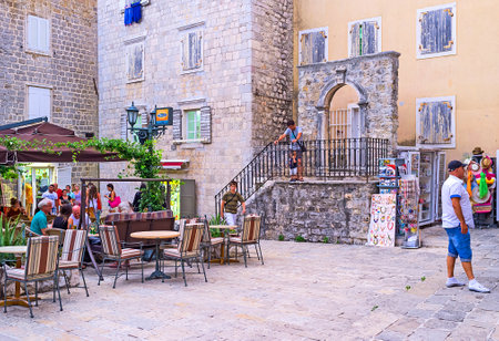 BUDVA, MONTENEGRO - JULY 15, 2014: The stone arch is the only preserved part of the medieval building, located in the old town square, on July 15 in Budva.のeditorial素材