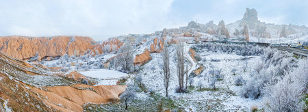 The red stone valley with the Uchisar citadel, carved in rock, located on the background, Cappadocia, Turkey.のeditorial素材