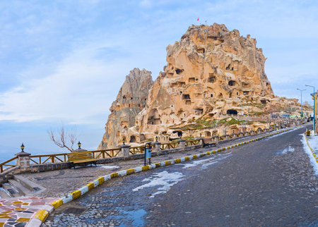 The ancient castle were carved in natural rock formation, Uchisar, Cappadocia, Turkey.のeditorial素材