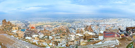 The wide panorama of Uchisar and rocky Cappadocian landscape from the Castle hill, Turkey.のeditorial素材