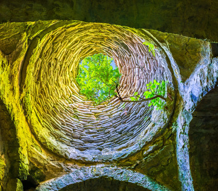 DILIJAN, ARMENIA - MAY 31, 2016: The tree rises through the hole in the stone dome of  Matosavank Church, on May 31 in Dilijan.のeditorial素材