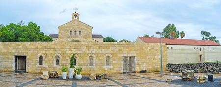 The stone facade of Church of the Multiplication of the Loaves and Fish, located in Tabgha, on the...