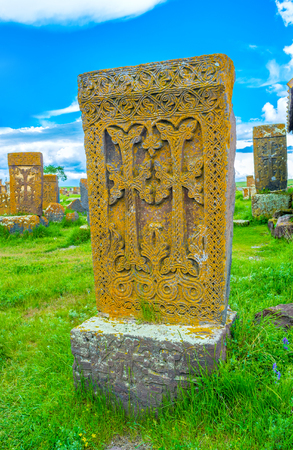 The khachkar with two carved crosses, surrounded by beautiful pattern, Noratus Cemetery, Gegharkunik Province, Armenia.の写真素材