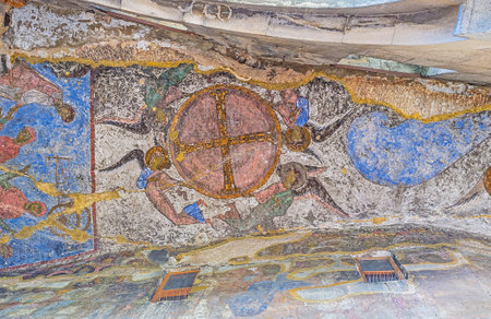 VARDZIA, GEORGIA - MAY 27, 2016: The cave in front of Dormition church covered by colorfull frescoes, on May 27 in Vardzia.のeditorial素材