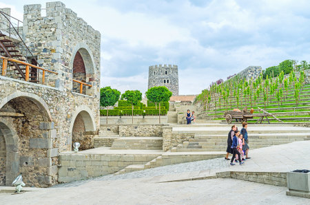AKHALTSIKHE, GEORGIA - MAY 27, 2016: The entrance gate of Rabati fortress adjacent to the ornamental...