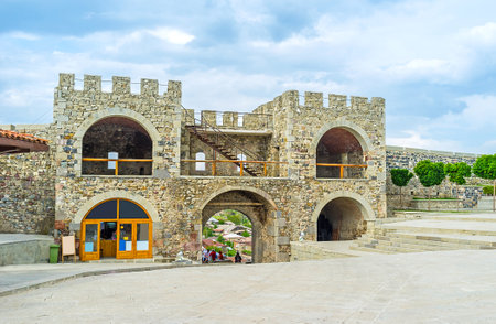 The gate of Rabati fortress is occupied with the tourist shop and cafe, Akhaltsikhe, Georgia.