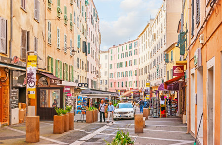AJACCIO, FRANCE - MAY 2, 2013: The street of Cardinal Fesh is the best place to go for the shopping, visit local cafes, souvenir stores, art galleries, on May 2 in Ajaccio.のeditorial素材