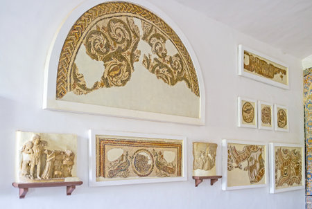 TUNIS, TUNISIA - SEPTEMBER 2, 2015: The preserved ancient mosaics in Bardo National Museum, depicting animals, birds, plants and complex patterns, on September 2 in Tunis.のeditorial素材