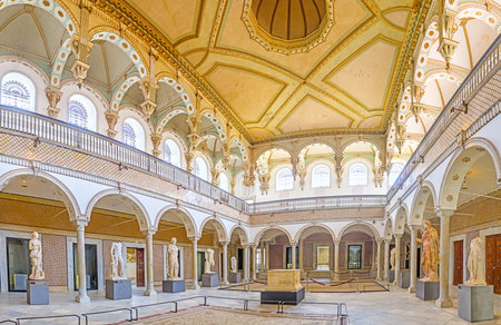TUNIS, TUNISIA - SEPTEMBER 2, 2015: The Carthage Room of Bardo National Museum with preserved ancient statues in scenic arabic interior, on September 2 in Tunis.のeditorial素材