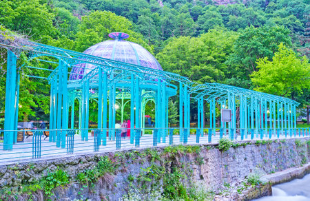 The blue gallery in promenade of Mineral Water Park at the bank of Borjomula river, Borjomi, Georgia.のeditorial素材