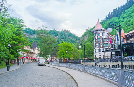 BORJOMI, GEORGIA - MAY 27, 2016: The central street of resort leads to the sources of the mineral water, located in Borjomi Park, on May 27 in Borjomi.のeditorial素材
