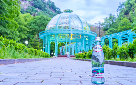 BORJOMI, GEORGIA - MAY 27, 2016: The glass bottle of Borjomi mineral water with the natural water source under pavilion on the background, on May 27 in Borjomi.のeditorial素材