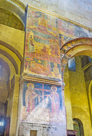 MTSKHETA, GEORGIA - JUNE 6, 2016: The wall in Svetitskhoveli Cathedral decorated with preserved...