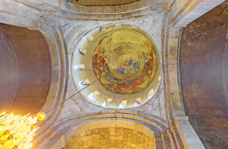 MTSKHETA, GEORGIA - JUNE 6, 2016: The stone dome of Svetitskhoveli Cathedral with the fragments of...