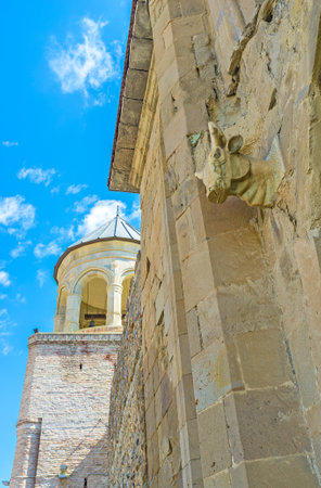 The medieval bull's head, built in the Eastern wall of the Svetitskhoveli Cathedral, Mtskheta,...