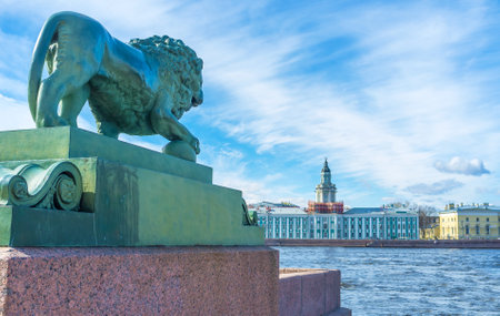 The bronze lion at Dvortsovaya pier of the Admiralty Embankment opposite the Kunstkamera, located across Neva River on Vasilyevsky Island, St Petersburg, Russia.のeditorial素材