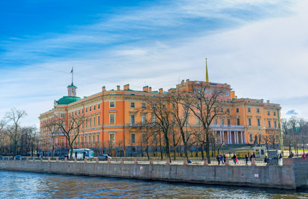 SAINT PETERSBURG, RUSSIA - APRIL 25, 2015: The unusual building of St Michael's (Engineers) Castle is famous for four different front facades from its four sides, on April 25 in Saint Petersburg.のeditorial素材