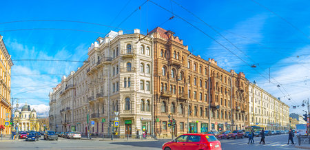 SAINT PETERSBURG, RUSSIA - APRIL 25, 2015: The intersection of Pestel street and Liteyny Avenue with monumental buildings and Transfiguration Cathedral on the background, on April 25 in Saint Petersburg.のeditorial素材