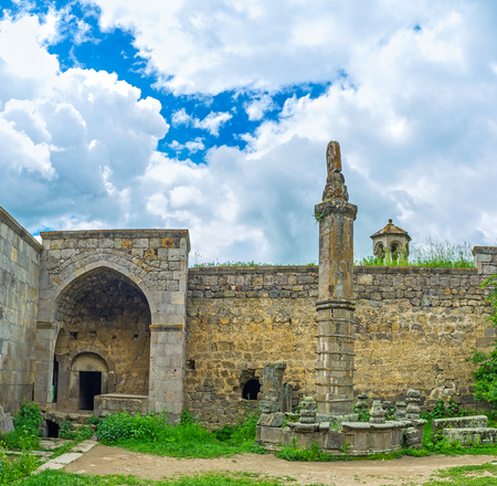 The Gavazan Siun Pillar, in Tatev Monastery, is the monument topped with khachkar, the column dedicated to the Holy Trinity and serving as alert signal for early warning about earthquakes, Syunik Province, Armenia.の写真素材