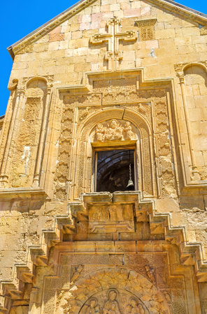 The geometric decors around the relief icons on tympanium of Surb Astvatsatsin (Burtelashen) Church of Noravank Monastery, Vayots Dzor, Armenia.のeditorial素材