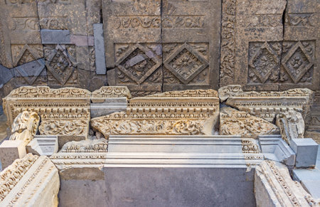 The stone friezes on door frame and ceiling pannels of Garni Temple are covered with fine patterns, Kotayk Province, Armenia.のeditorial素材