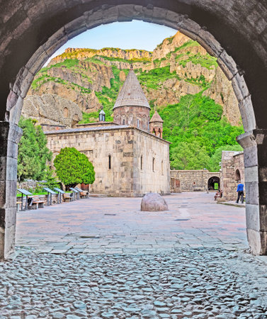 The arched entrance to the medieval monastic complex of Geghardavank (Geghard), famous for the ancient cave and named aftter the Holy Spear, Kotayk Province, Armenia.のeditorial素材