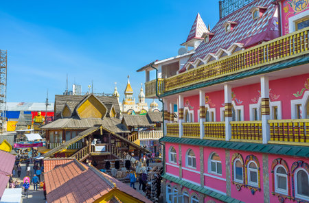 MOSCOW, RUSSIA - MAY 10, 2015: The carved timbered and colorful painted mansions in Izmailovsky Market represent the different periods of architecture in Russia, on May 10 in Moscow.のeditorial素材