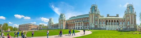 MOSCOW, RUSSIA - MAY 10, 2015: The facade of the Grand Palace of Tsaritsyno Royal Estate with the...