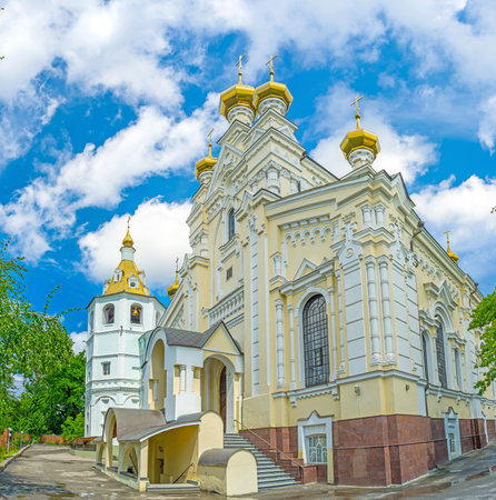 The Church of Holy Virgin Lady of Ozeriana with the golden onion domes and carved patterns on the...
