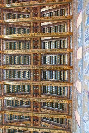 MONREALE, ITALY - OCTOBER 10, 2016: The carved wooden ceiling of Monreale Cathedral covered with floral and geometric patterns, on October 10 in Monreale.のeditorial素材