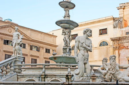 The beautiful Renaissance statues of the Fountain of Shame - full of naked bodies and surrounded by churches, Palermo, Sicily, Italy.のeditorial素材