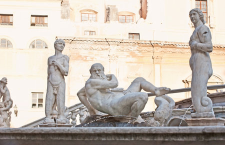 The marble statues of naked Greek Gods in Fountain of Shame or Praetorian Fountain, located in Pretoria Square, Palermo, Sicily, Italy.のeditorial素材