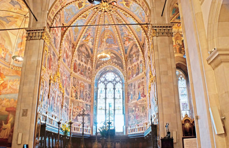 LORETO, ITALY - OCTOBER 6, 2012: The rich decor od the Chapel in Basilica of Santa Casa, with painted icons, fretwork and gilt patterns, on October 6 in Loreto.のeditorial素材