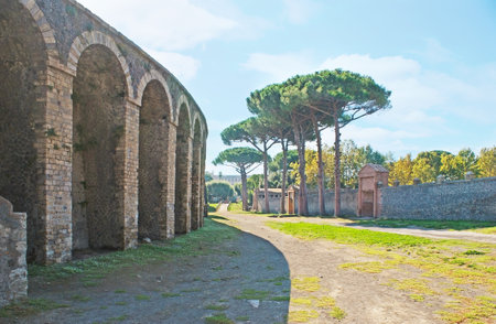 The square between the wall of the ancient Amphitheater and Palaestra (area for athletics), Pompeii, Italy.のeditorial素材