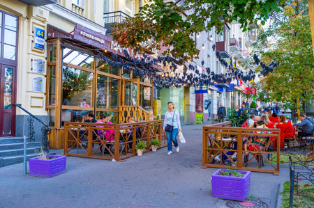 KIEV, UKRAINE - SEPTEMBER 18, 2016: The Caucasian cuisine is very popular in Ukraine, so there are a lot of restaurants, offering tasty dishes and wines from Caucasus, on September 18 in Kiev.のeditorial素材