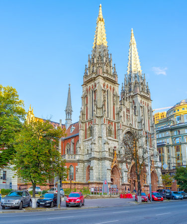 KIEV, UKRAINE - SEPTEMBER 18, 2016: The facade of St Nicholas Roman Catholic Cathedral, built by the famous architect V Gorodetsky, on September 18 in Kiev.のeditorial素材