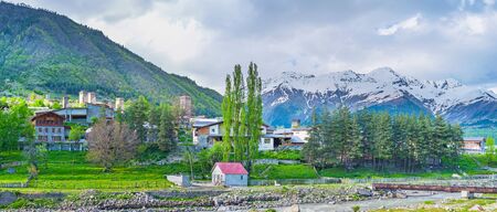 The picturesque view of Mestia from the bank of Mestiachala river, Upper Svaneti, Georgia.の写真素材