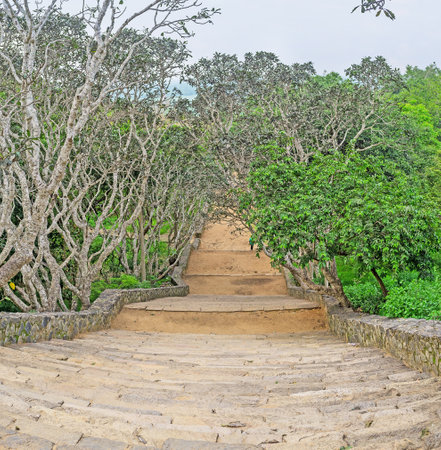 The long staircase from the Mihintale Temple to the mountain foot, surrounded by lush gardens, Sri Lanka.のeditorial素材