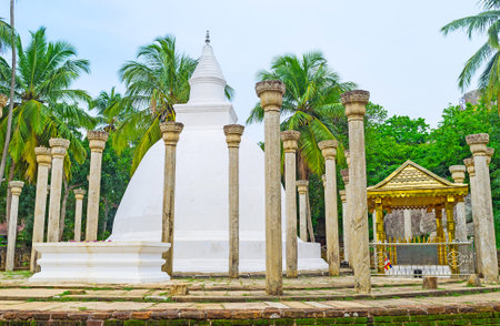 The Ambasthala Dagoba with preserved ancient stone vatadage pillars with carved capitals, Mihintale Temple, Sri Lanka.のeditorial素材