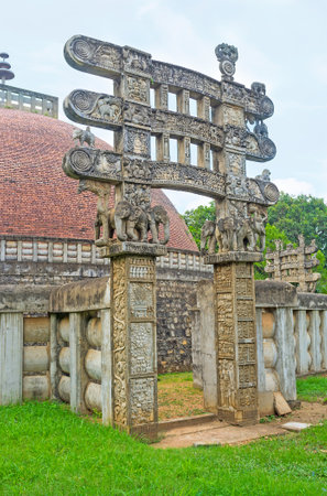 The Torana Gates of Stupa, located in Mihintale are replicas of Great Sanchi Stupa, preserved since ancient times, Sri Lanka.のeditorial素材