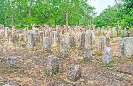 The walk among the broken pillars of the Chapter House  (Diyasen paya) in Jetavana Monastery, Anuradhapura, Sri Lanka.のeditorial素材